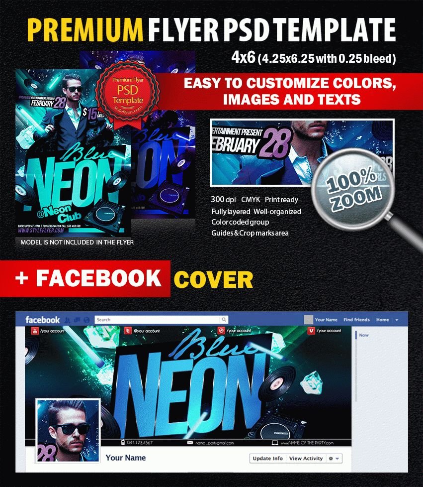 Blue Neon Party PSD Flyer Template