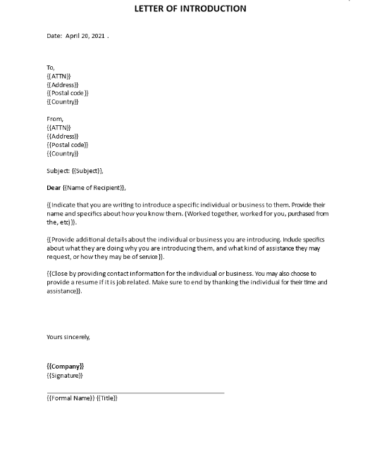 Cover Letter of Introduction Template