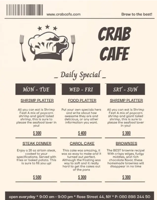 Crab cafe menu Template
